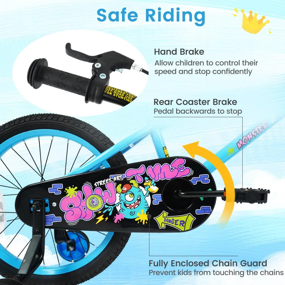 18 Inch Kids Bike with Training Wheels for Ages 4-8 Years Old Blue- Street Art Time - Blue - Kids Bike