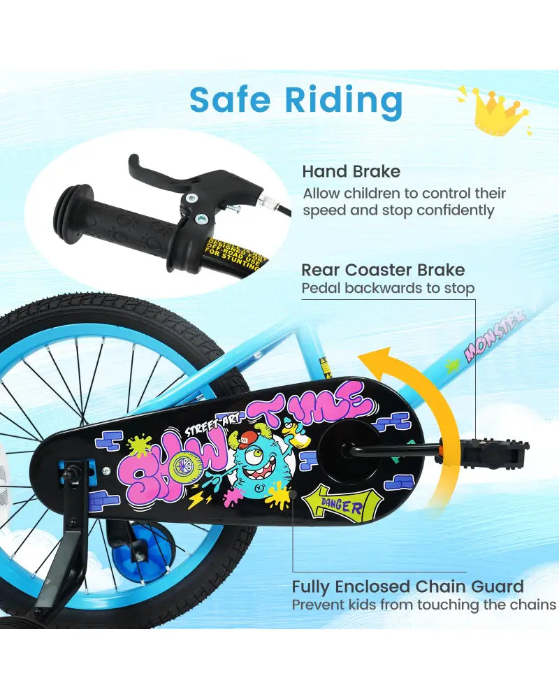 18 Inch Kids Bike with Training Wheels for Ages 4-8 Years Old Blue- Street Art Time - Blue - Kids Bike