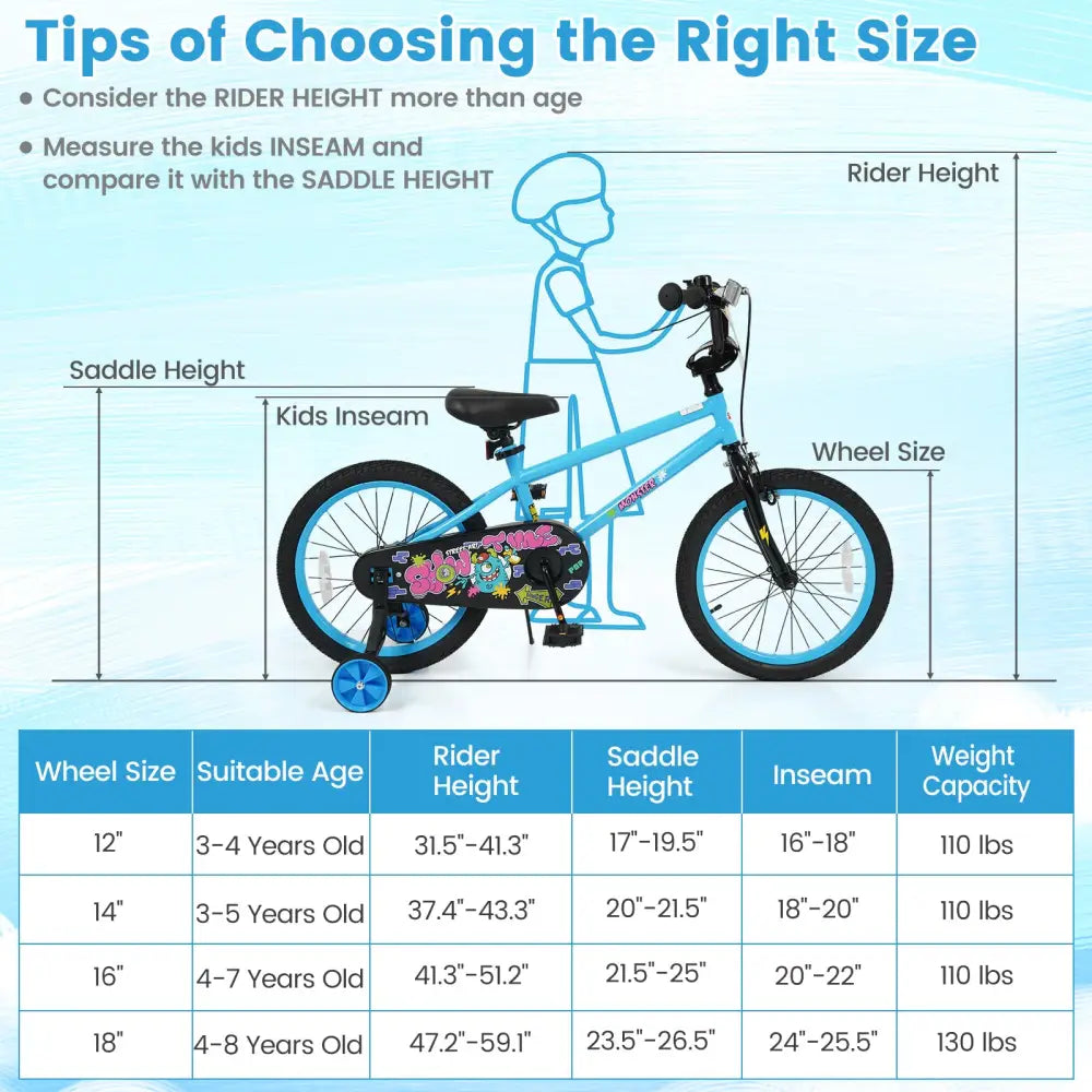 18 Inch Kids Bike with Training Wheels for Ages 4-8 Years Old Blue- Street Art Time - Blue - Kids Bike