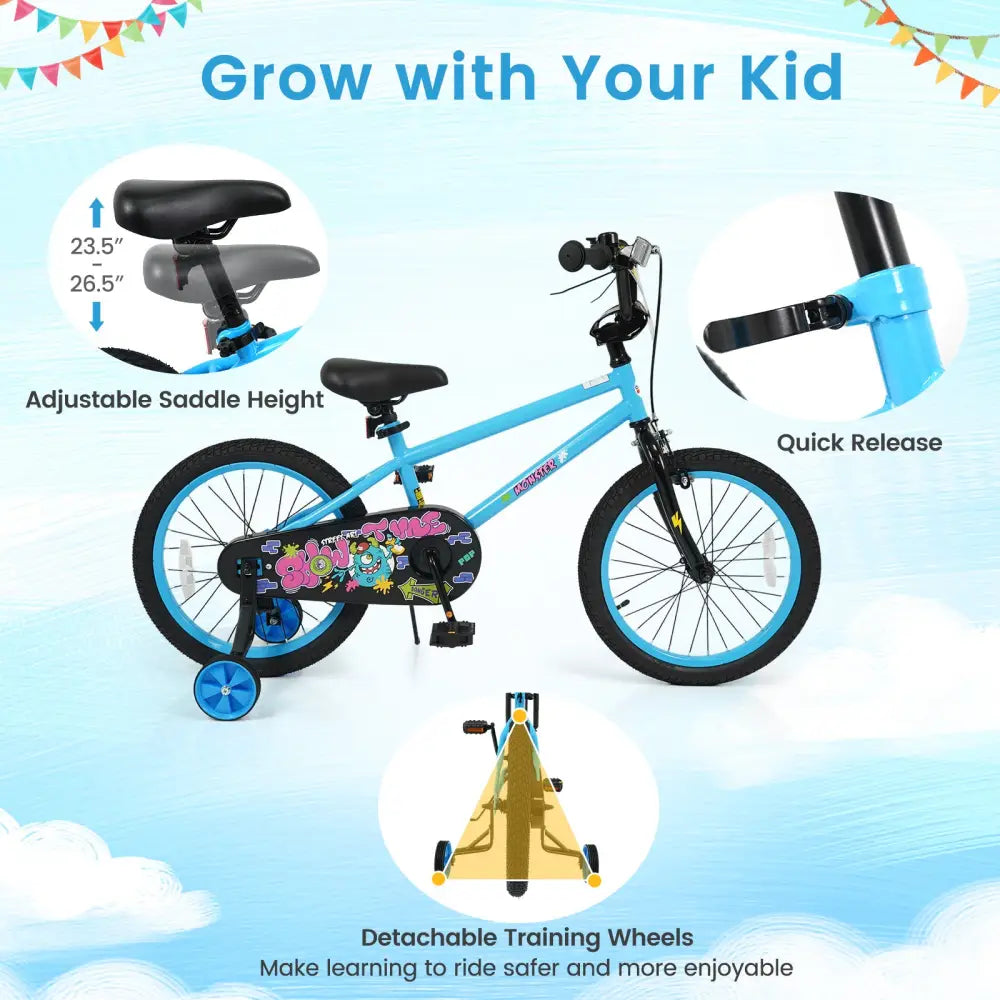 18 Inch Kids Bike with Training Wheels for Ages 4-8 Years Old Blue- Street Art Time - Blue - Kids Bike