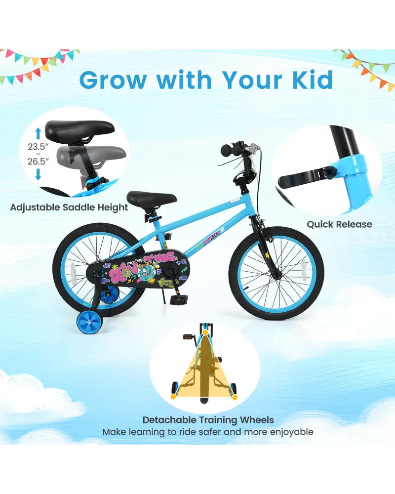 18 Inch Kids Bike with Training Wheels for Ages 4-8 Years Old Blue- Street Art Time - Blue - Kids Bike