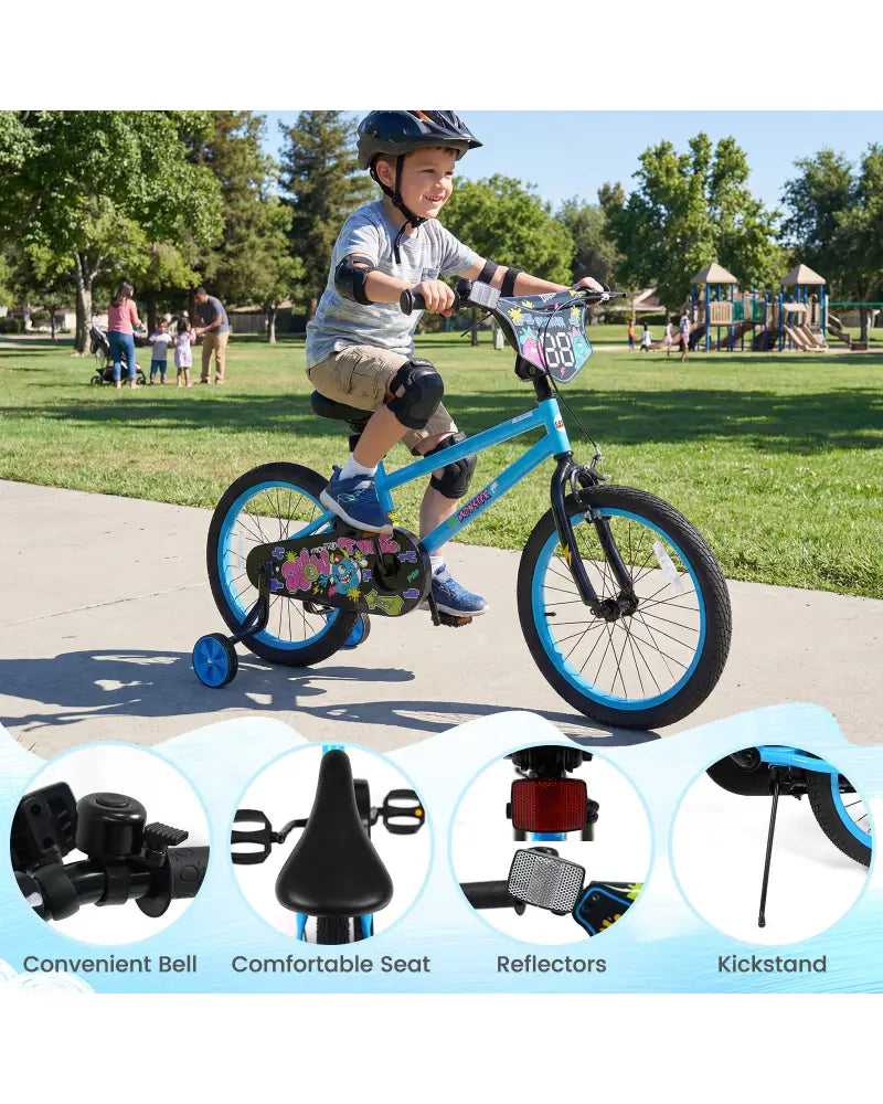 18 Inch Kids Bike with Training Wheels for Ages 4-8 Years Old Blue- Street Art Time - Blue - Kids Bike