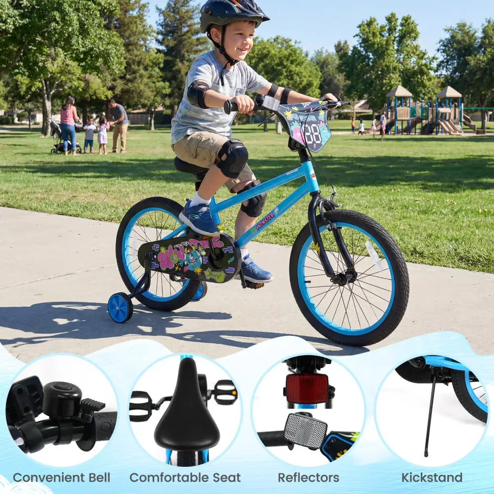 18 Inch Kids Bike with Training Wheels for Ages 4-8 Years Old Blue- Street Art Time - Blue - Kids Bike