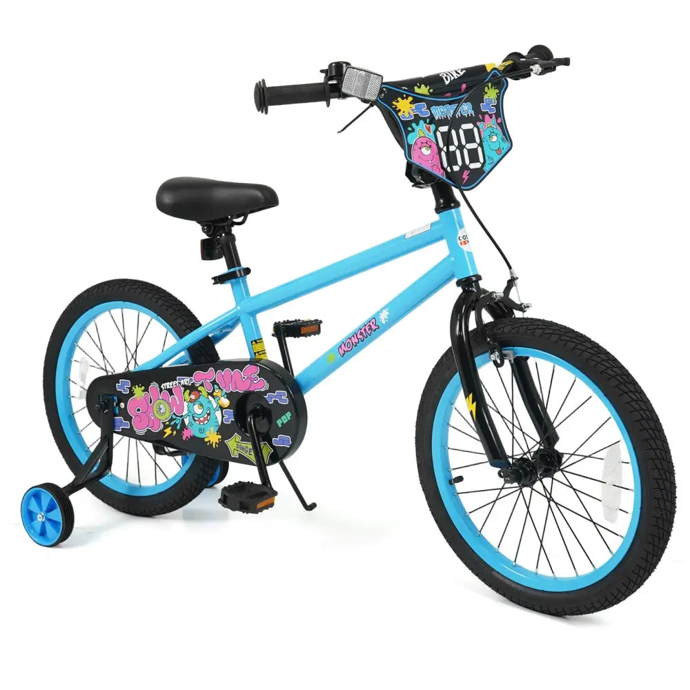 18 Inch Kids Bike with Training Wheels for Ages 4-8 Years Old Blue- Street Art Time - Blue - Kids Bike