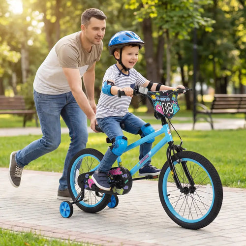 18 Inch Kids Bike with Training Wheels for Ages 4-8 Years Old Blue- Street Art Time - Blue - Kids Bike