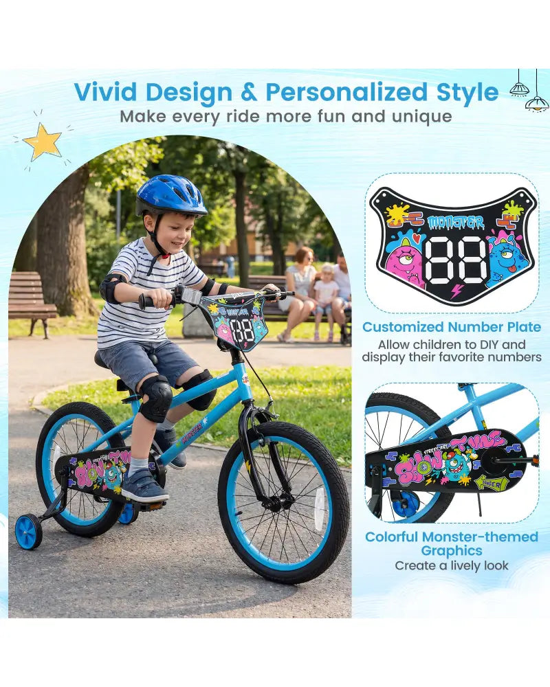 18 Inch Kids Bike with Training Wheels for Ages 4-8 Years Old Blue- Street Art Time - Blue - Kids Bike