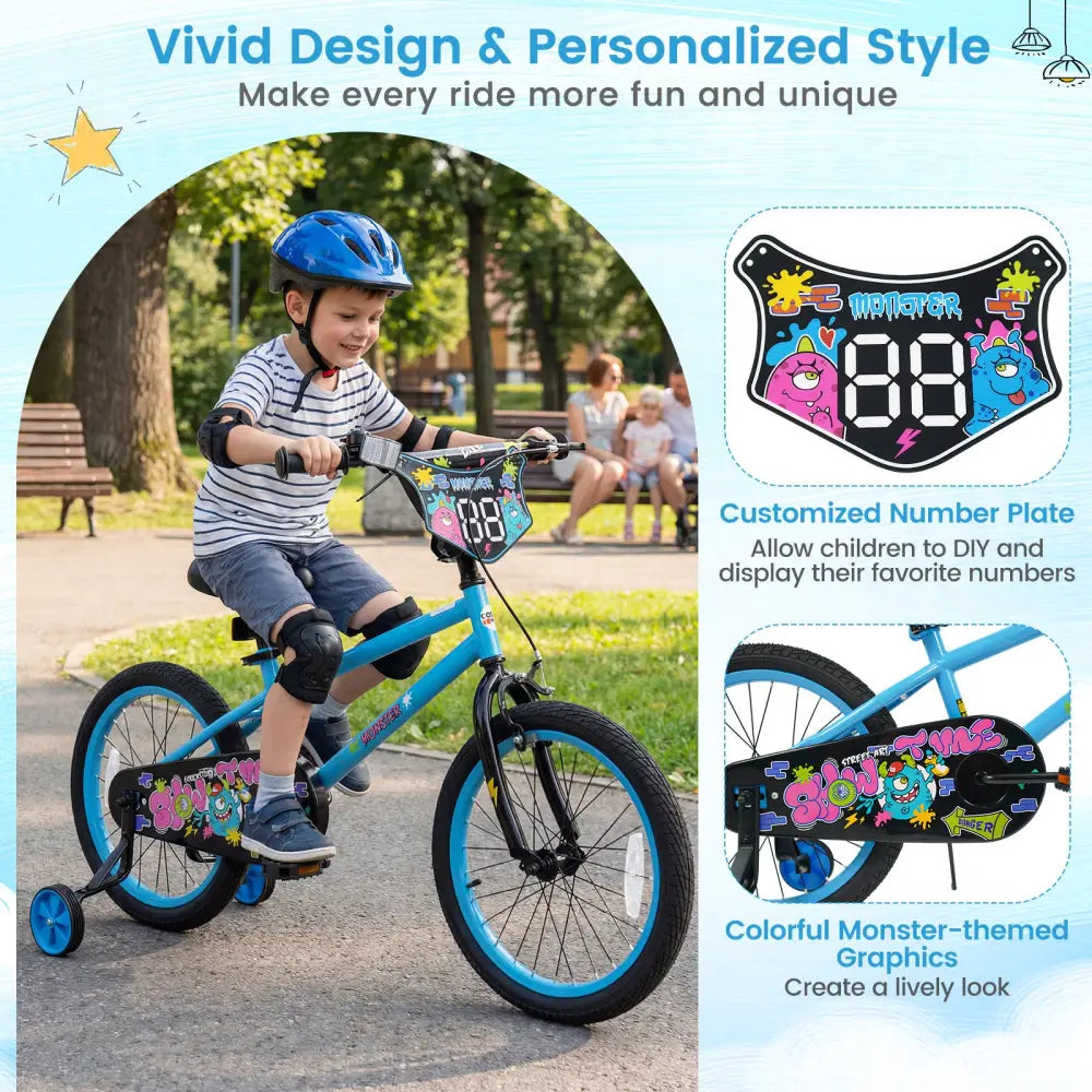 18 Inch Kids Bike with Training Wheels for Ages 4-8 Years Old Blue- Street Art Time - Blue - Kids Bike