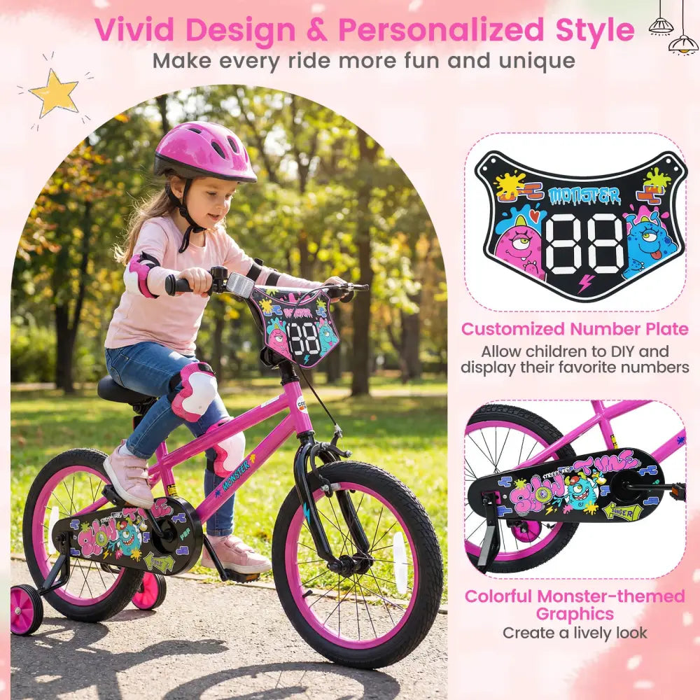 18 Inch Kids Bike with Training Wheels for Ages 4-8 Years Old Pink- Street Art Time - Pink - Kids Bike