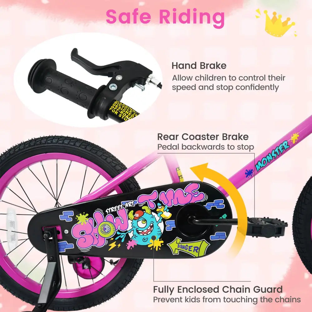 18 Inch Kids Bike with Training Wheels for Ages 4-8 Years Old Pink- Street Art Time - Pink - Kids Bike