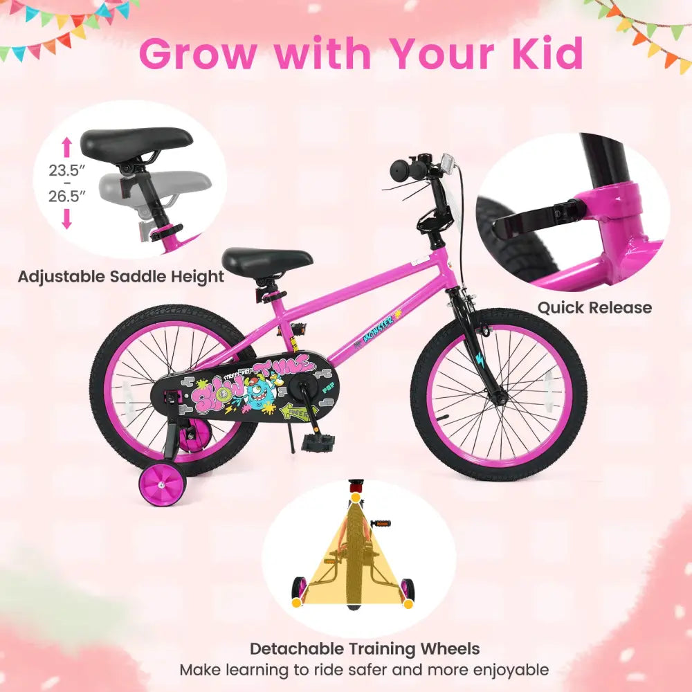 18 Inch Kids Bike with Training Wheels for Ages 4-8 Years Old Pink- Street Art Time - Pink - Kids Bike