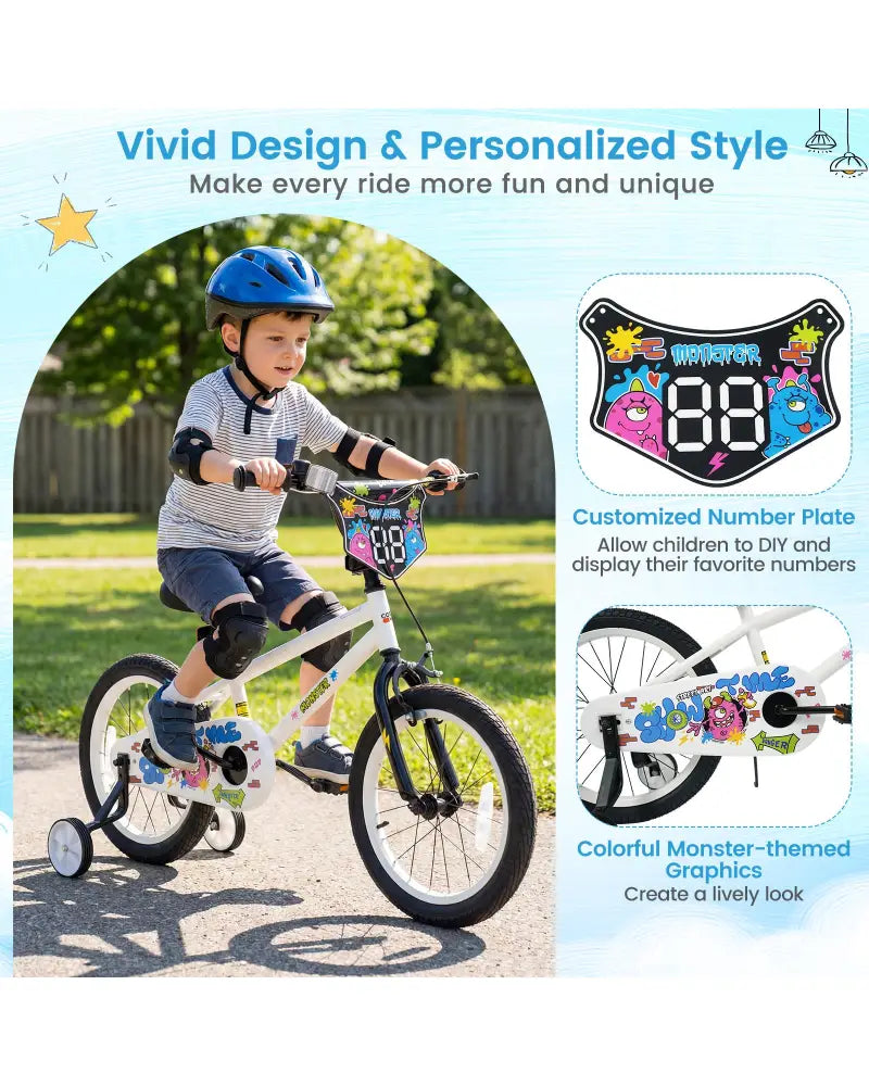 18 Inch Kids Bike with Training Wheels for Ages 4-8 Years Old White- Street Art Time - White - Kids Bike