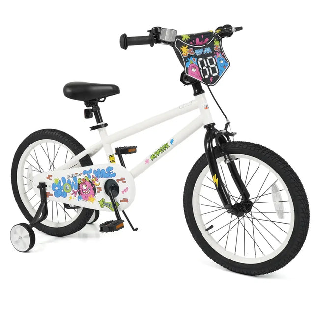 18 Inch Kids Bike with Training Wheels for Ages 4 - 8 Years Old White - Street Art Time - Oasis Home Essentials