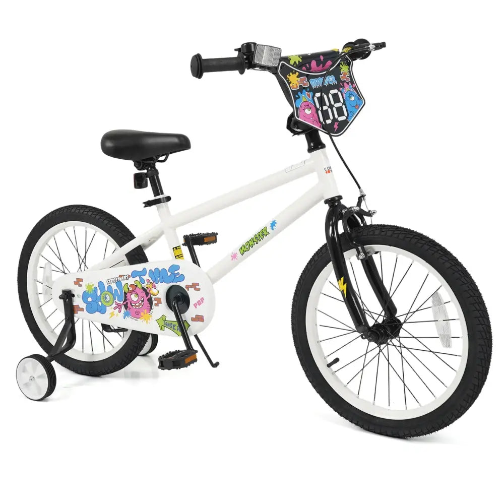 18 Inch Kids Bike with Training Wheels for Ages 4 - 8 Years Old White - Street Art Time - Oasis Home Essentials