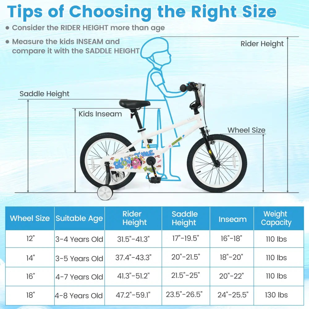 18 Inch Kids Bike with Training Wheels for Ages 4-8 Years Old White- Street Art Time - White - Kids Bike