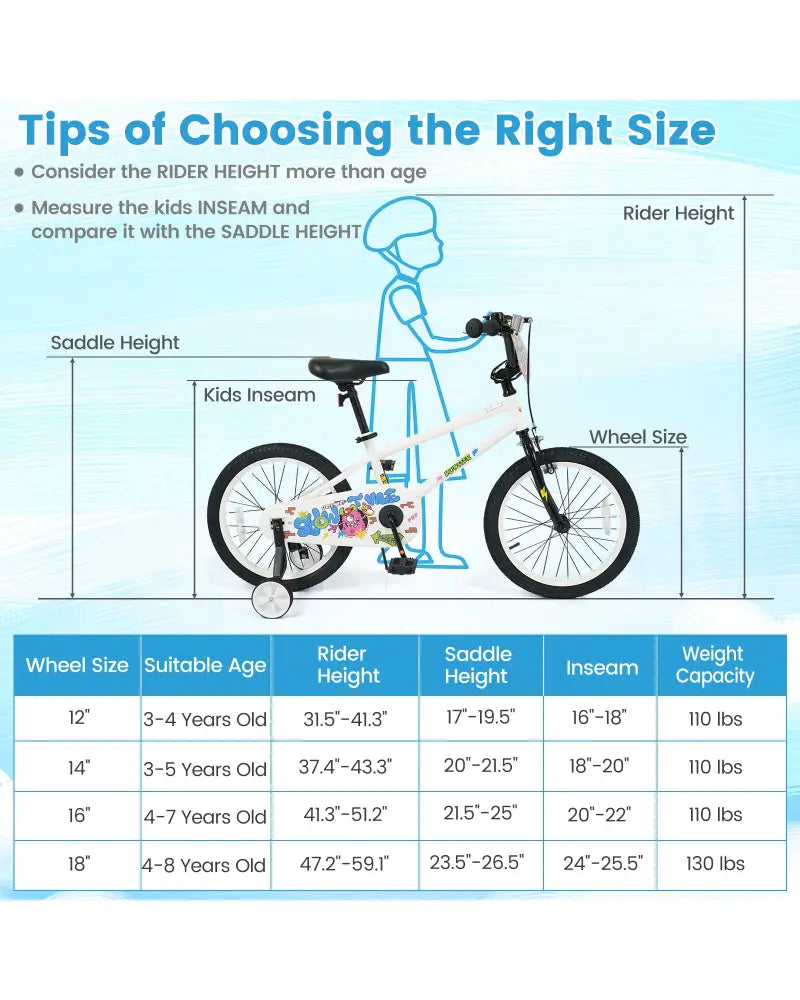 18 Inch Kids Bike with Training Wheels for Ages 4-8 Years Old White- Street Art Time - White - Kids Bike