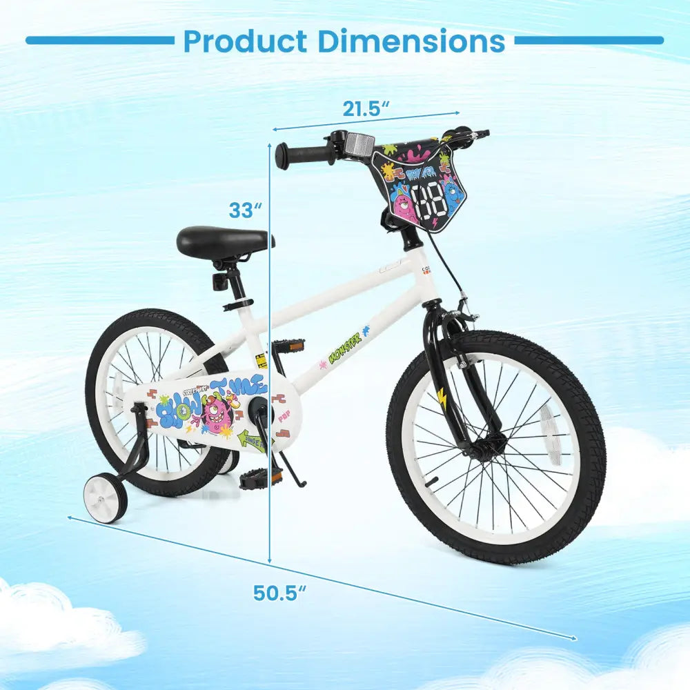 18 Inch Kids Bike with Training Wheels for Ages 4-8 Years Old White- Street Art Time - White - Kids Bike