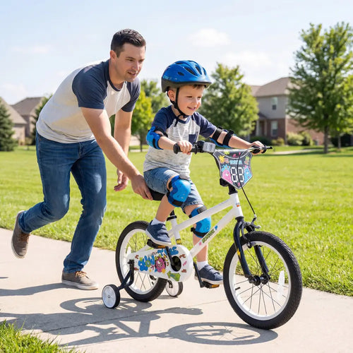 18 Inch Kids Bike with Training Wheels for Ages 4-8 Years Old White- Street Art Time - White - Kids Bike