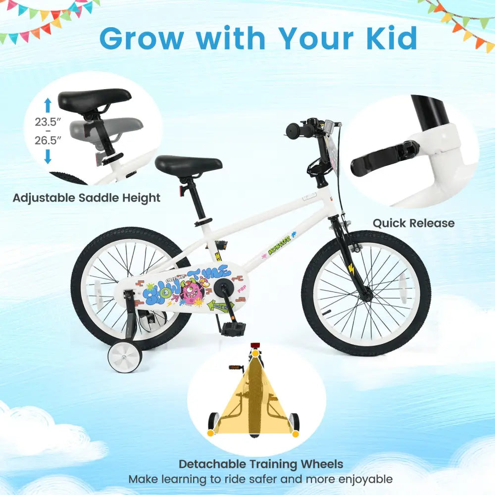18 Inch Kids Bike with Training Wheels for Ages 4-8 Years Old White- Street Art Time - White - Kids Bike