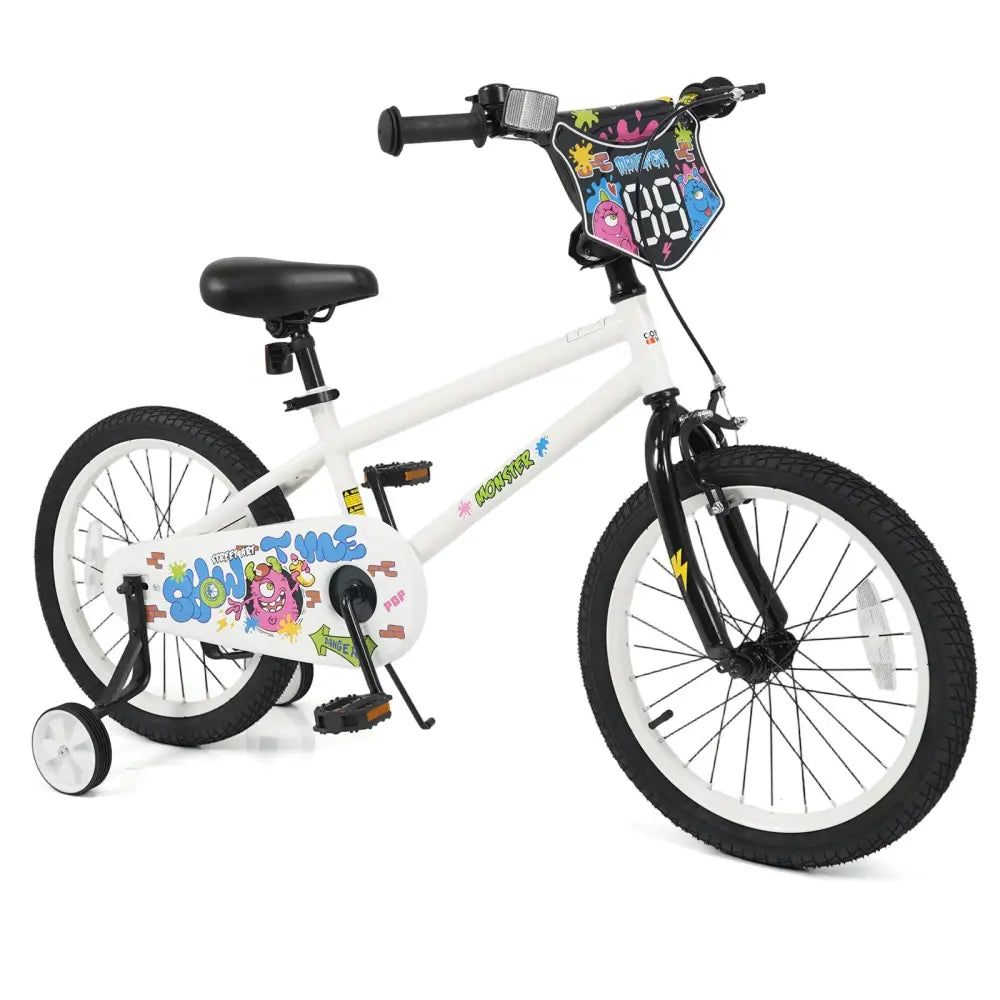 18 Inch Kids Bike with Training Wheels for Ages 4-8 Years Old White- Street Art Time - White - Kids Bike
