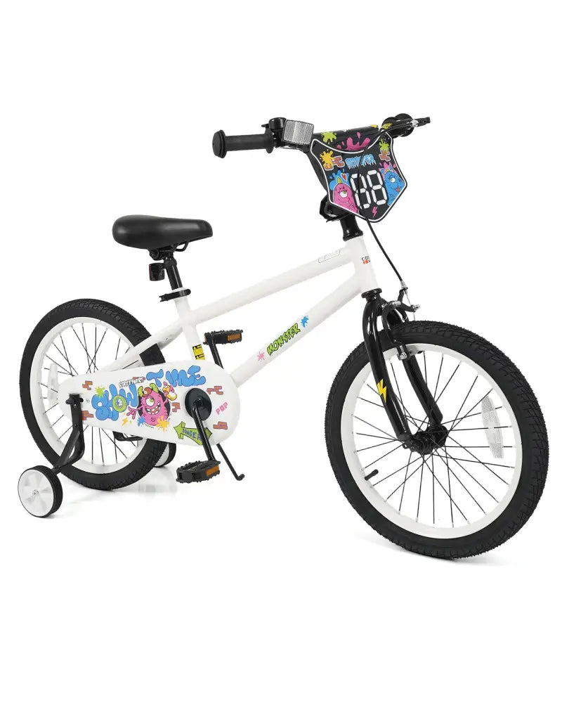 18 Inch Kids Bike with Training Wheels for Ages 4-8 Years Old White- Street Art Time - White - Kids Bike