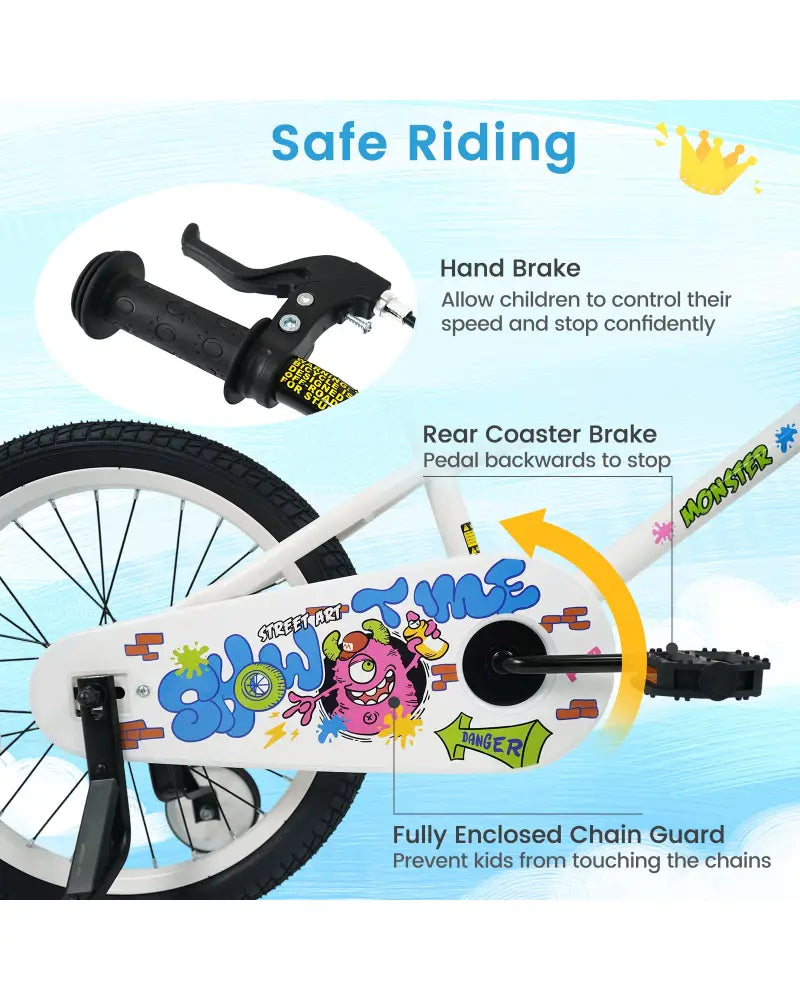 18 Inch Kids Bike with Training Wheels for Ages 4-8 Years Old White- Street Art Time - White - Kids Bike
