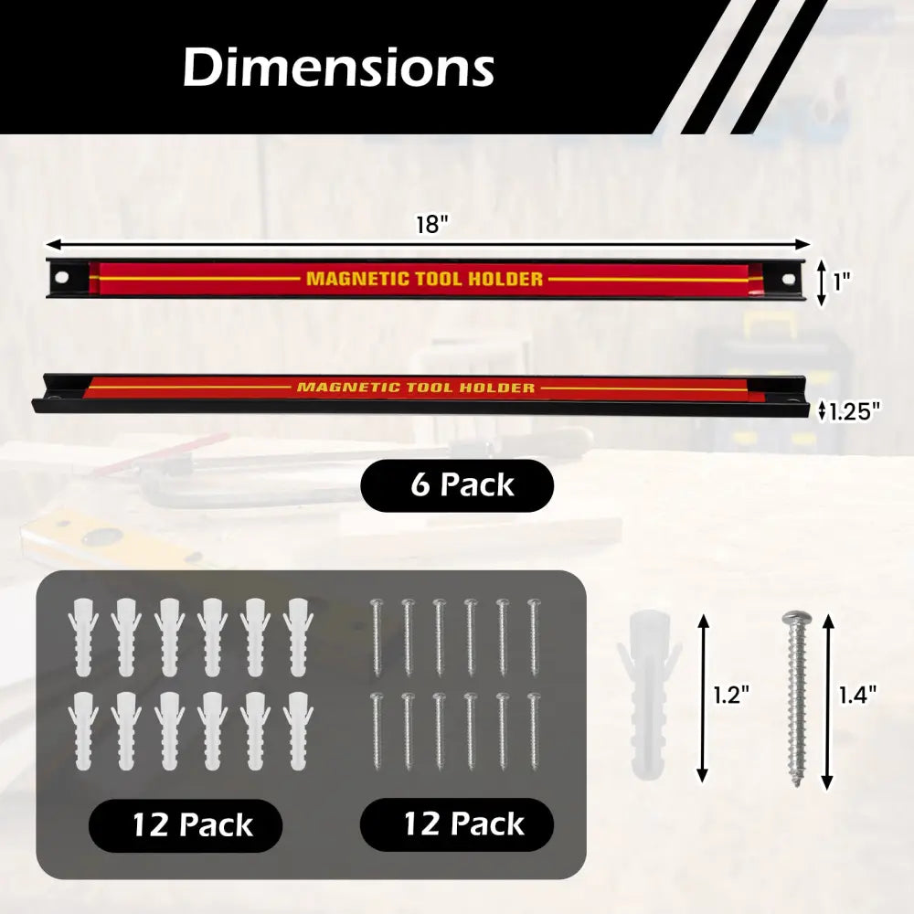 18 Inch Magnetic Tool Holder Strip with Mounting Screws-Red - Red - Garages