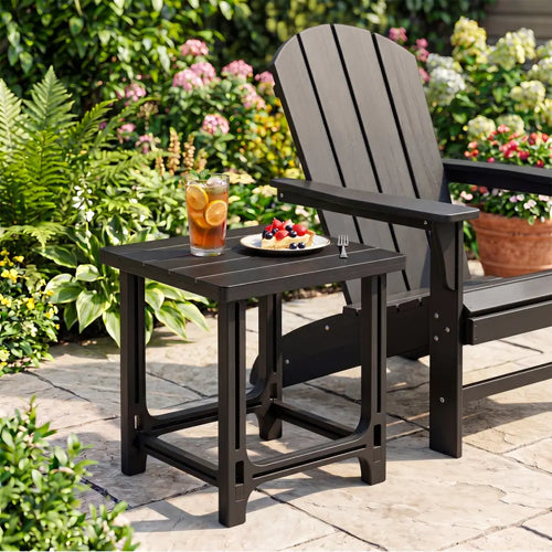 18 Inch Outdoor Adirondack Side Table with Slatted Surface-Black - Black - Patio Coffee Tables