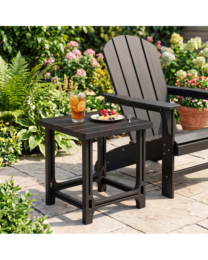 18 Inch Outdoor Adirondack Side Table with Slatted Surface-Black - Black - Patio Coffee Tables
