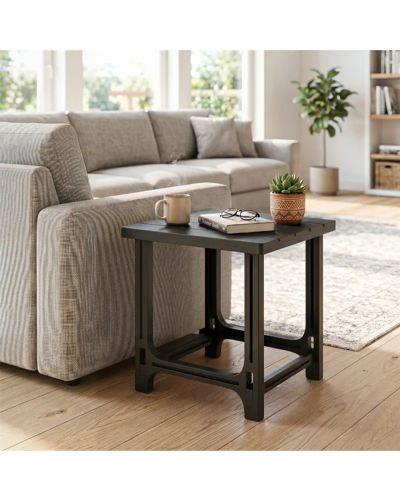 18 Inch Outdoor Adirondack Side Table with Slatted Surface-Black - Black - Patio Coffee Tables