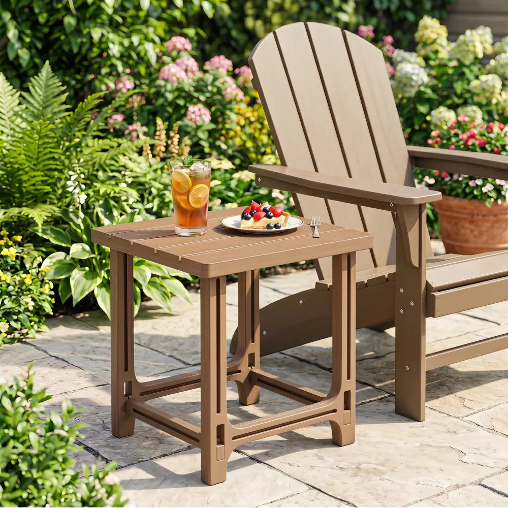 18 Inch Outdoor Adirondack Side Table with Slatted Surface-Brown - Brown - Patio Coffee Tables