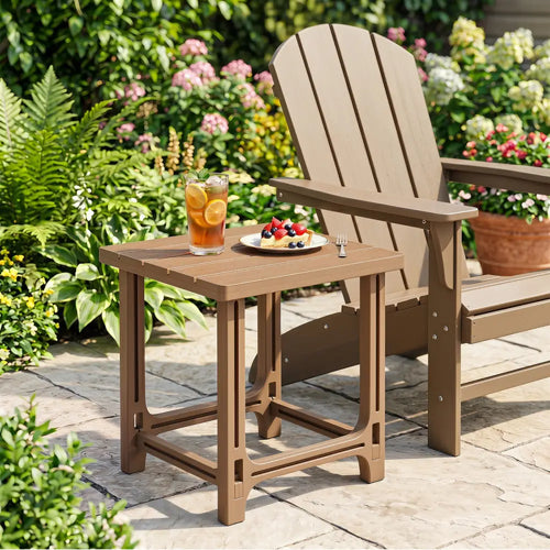 18 Inch Outdoor Adirondack Side Table with Slatted Surface-Brown - Brown - Patio Coffee Tables