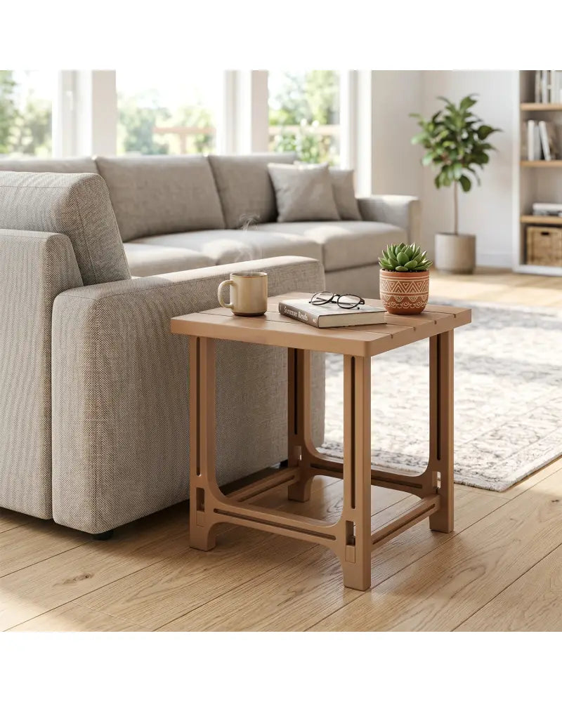 18 Inch Outdoor Adirondack Side Table with Slatted Surface-Brown - Brown - Patio Coffee Tables