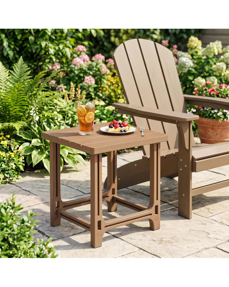 18 Inch Outdoor Adirondack Side Table with Slatted Surface-Brown - Brown - Patio Coffee Tables