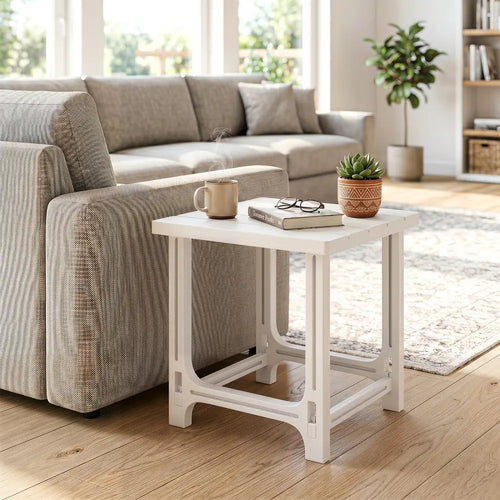 18 Inch Outdoor Adirondack Side Table with Slatted Surface-White - White - Patio Coffee Tables