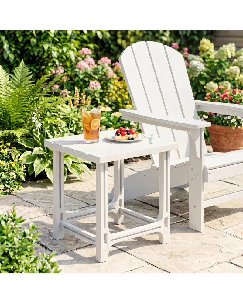 18 Inch Outdoor Adirondack Side Table with Slatted Surface-White - White - Patio Coffee Tables
