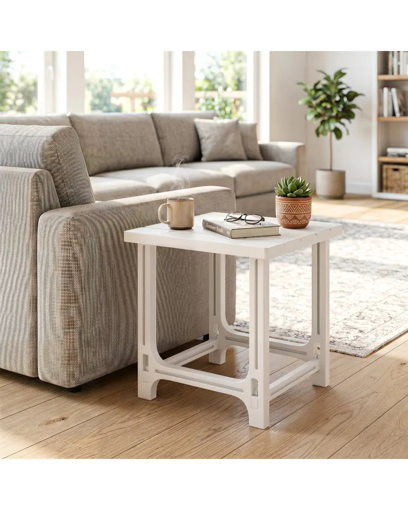18 Inch Outdoor Adirondack Side Table with Slatted Surface-White - White - Patio Coffee Tables