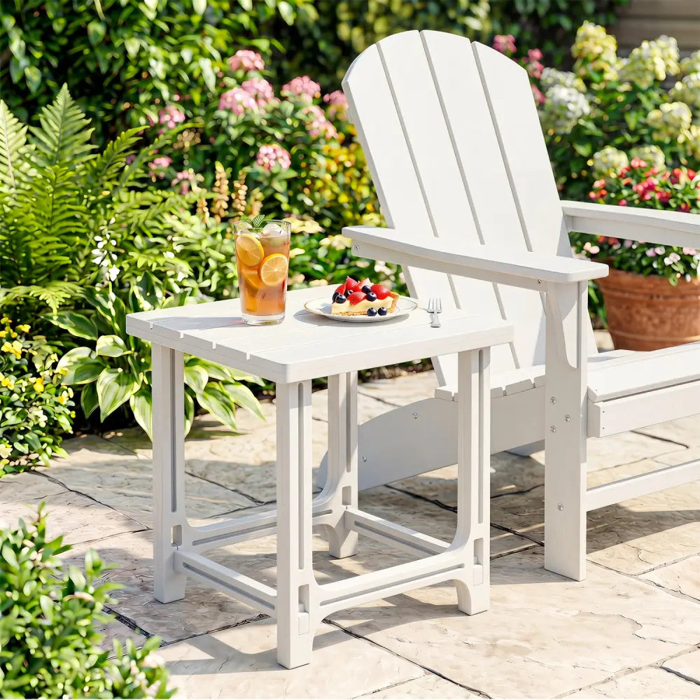 18 Inch Outdoor Adirondack Side Table with Slatted Surface-White - White - Patio Coffee Tables