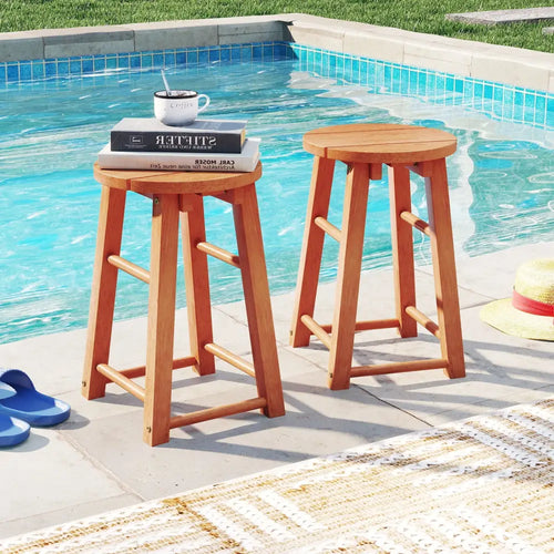 18-Inch Outdoor Wood Bar Stools Set of 2 with Round Seat and Footrest - Patio Bar Furniture