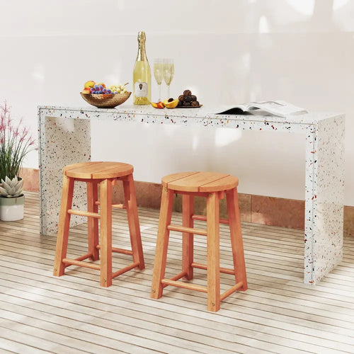 18-Inch Outdoor Wood Bar Stools Set of 2 with Round Seat and Footrest - Patio Bar Furniture