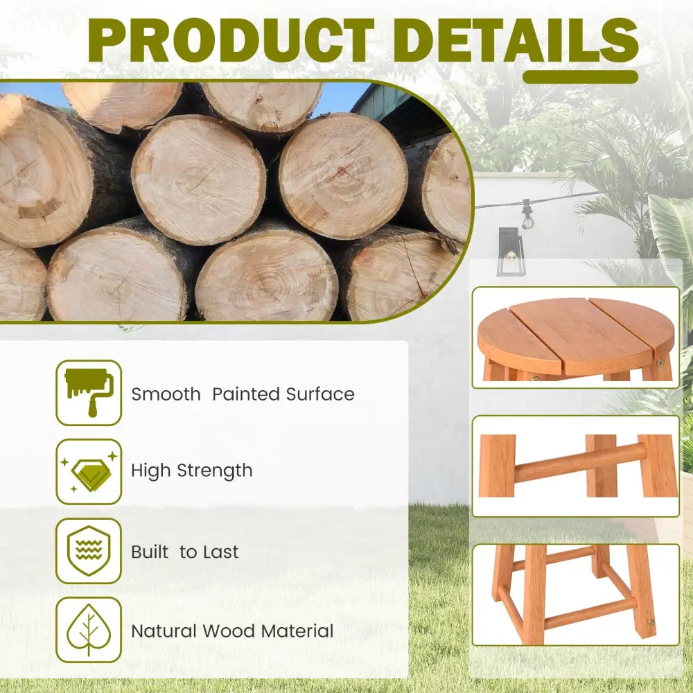 18-Inch Outdoor Wood Bar Stools Set of 2 with Round Seat and Footrest - Patio Bar Furniture