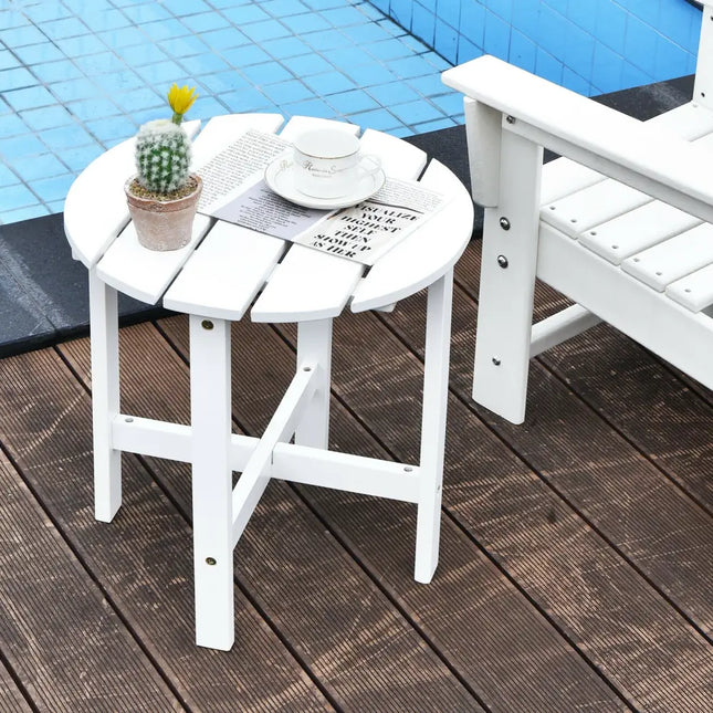 18 Inch Patio Round Side Wooden Slat End Coffee Table for Garden-White - White - Patio Coffee Tables