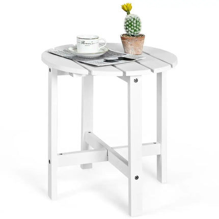 18 Inch Patio Round Side Wooden Slat End Coffee Table for Garden-White - White - Patio Coffee Tables