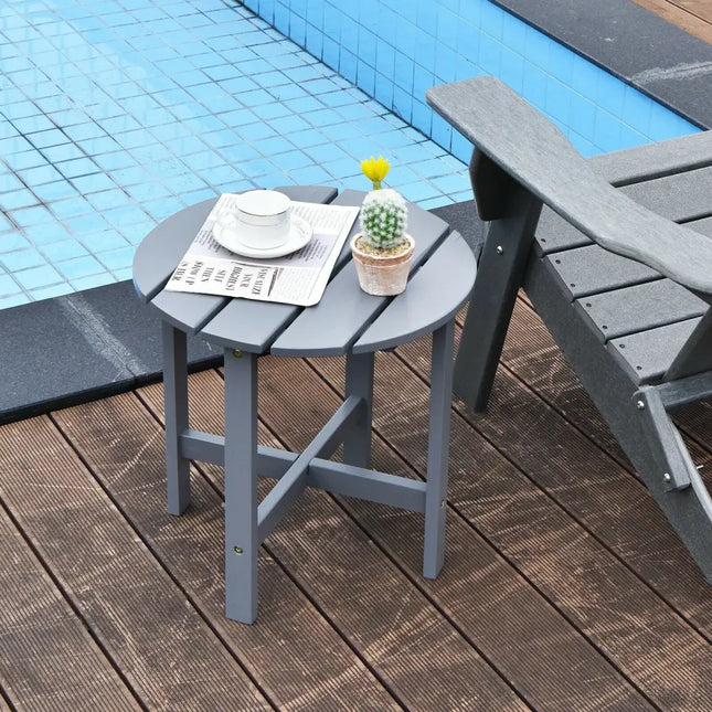 18 Inch Patio Round Side Wooden Slat End Coffee Table for Garden-Gray - Gray - Patio Coffee Tables
