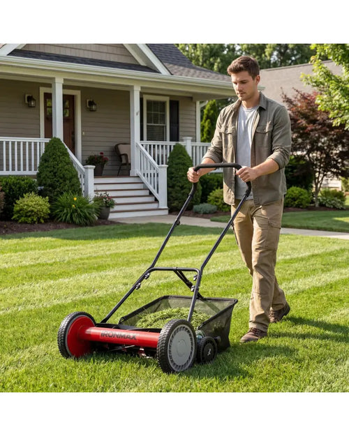 18 Inch Push Reel Lawn Mower 4-Position Adjustable with Removable Grass Catcher-Red - Red - Lawn Care Tools