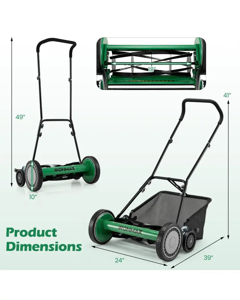 18 Inch Push Reel Lawn Mower 4-Position Adjustable with Removable Grass Catcher-Green - Green - Lawn Care Tools