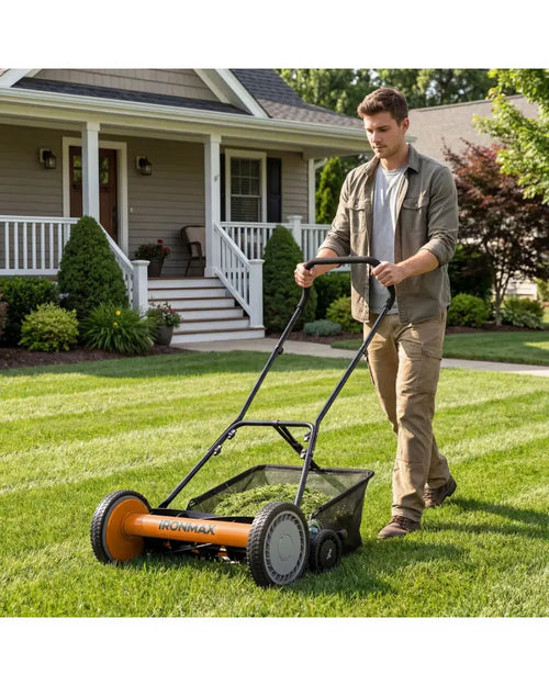 18 Inch Push Reel Lawn Mower 4-Position Adjustable with Removable Grass Catcher-Orange - Orange - Lawn Care Tools
