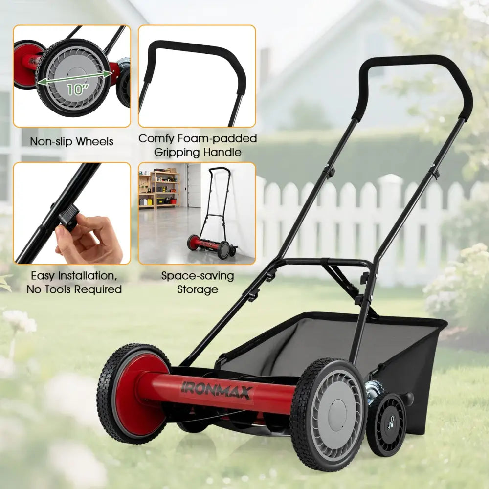 18 Inch Push Reel Lawn Mower 4-Position Adjustable with Removable Grass Catcher-Red - Red - Lawn Care Tools