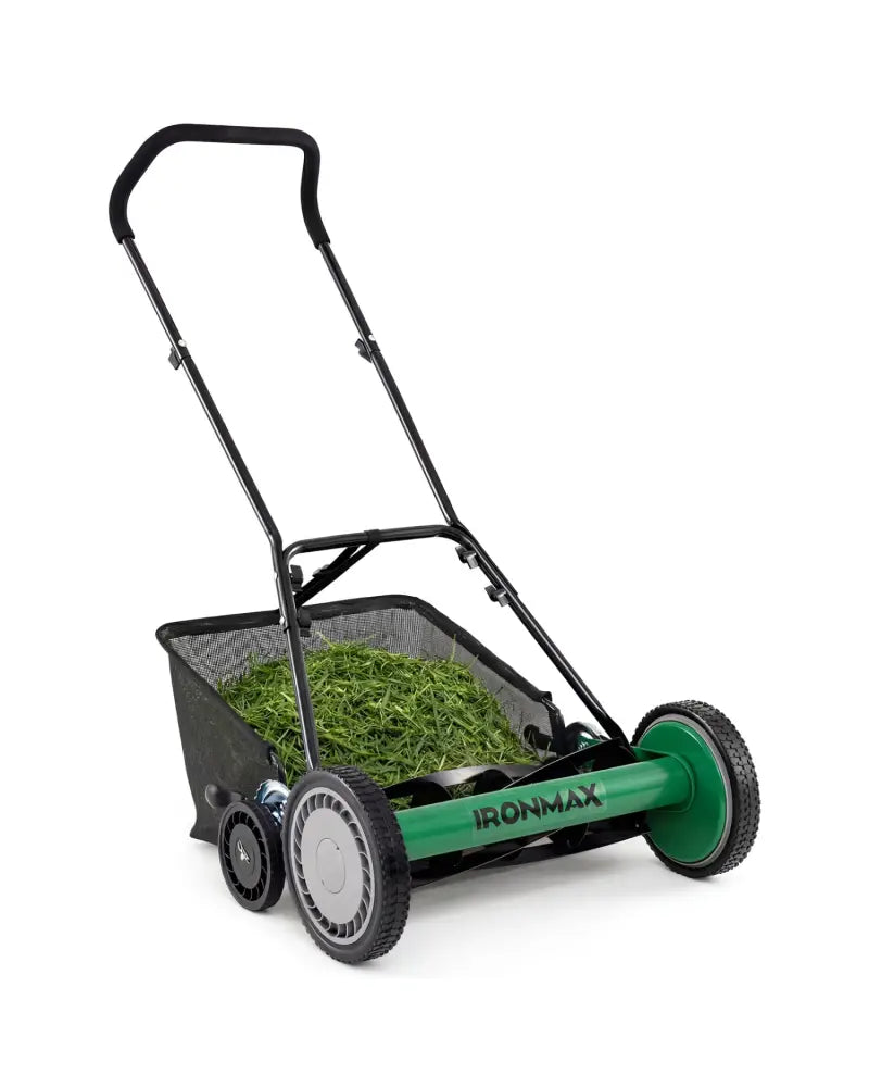 18 Inch Push Reel Lawn Mower 4-Position Adjustable with Removable Grass Catcher-Green - Green - Lawn Care Tools