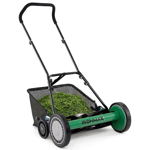 18 Inch Push Reel Lawn Mower 4-Position Adjustable with Removable Grass Catcher-Green - Green - Lawn Care Tools
