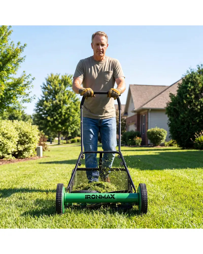 18 Inch Push Reel Lawn Mower 4-Position Adjustable with Removable Grass Catcher-Green - Green - Lawn Care Tools